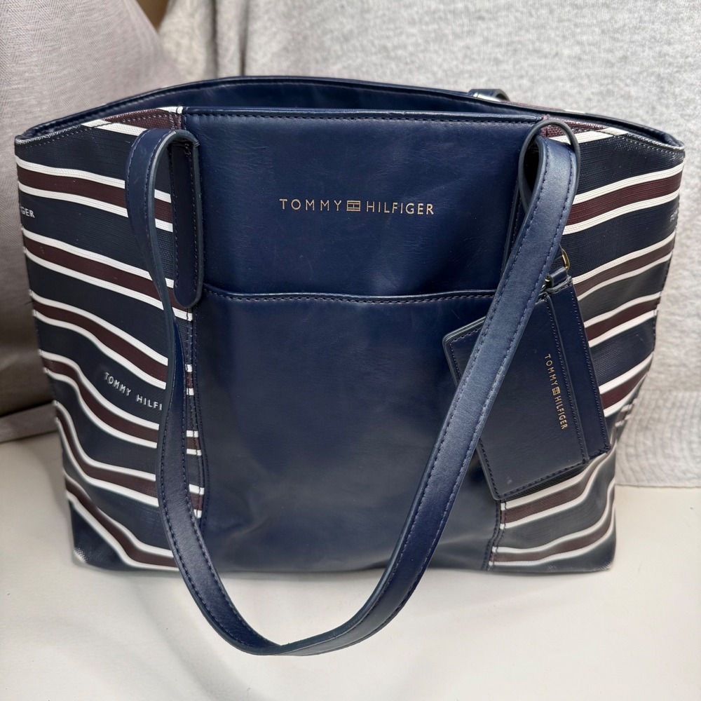 Tommy Hilfiger Navy Blue Red White Striped 13" Tote Bag Card Holder Pockets - Picture 1 of 16
